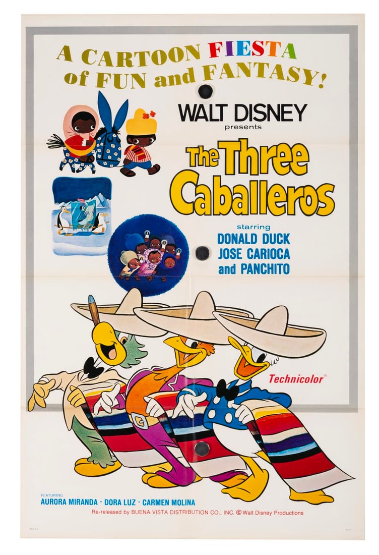 A “The Three Caballeros?? Re-Release One-Sheet.: (Disney, 1977) A one-sheet for the 1977 re-release of “The Three Caballeros.” Measuring 27" x 41", the poster is in very good condition with light discoloration and a 1.25" hole along the