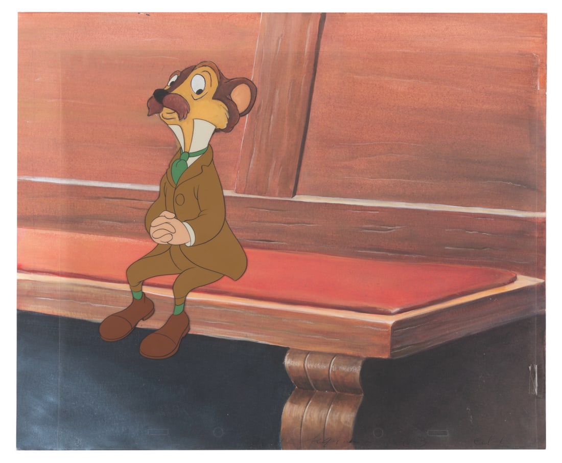 A “The Adventures of Ichabod and Mr. Toad.?? Production Cel with Custom Background.: (Disney, 1949) An original production cel of Rat’s body with a custom-painted background including his head, from the “Wind In the Willows” segment of “The Adventures of Ichabod and Mr. To