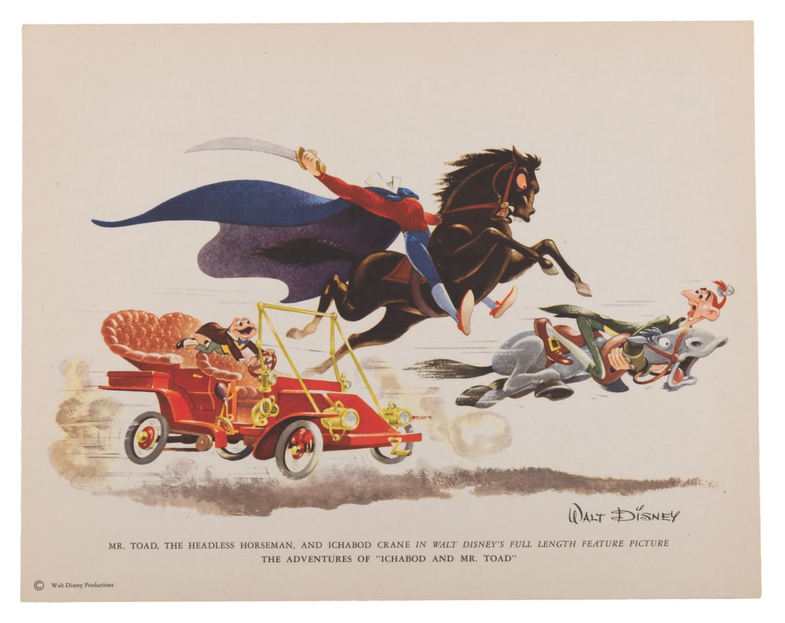 A "The Adventures of Ichabod and Mr. Toad" Fan Card.: (Disney, 1949) A fan card for “The Adventures of Ichabod and Mr. Toad.” Cards like this one were mailed to fans who wrote to the Studio. Measuring 7.25” x 9.25”, the card is in