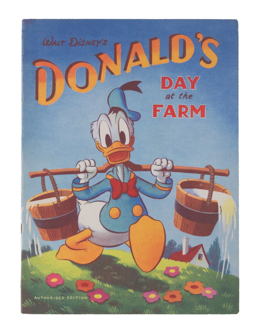 A Donald's Day at the Farm Linen Book.: (Birn Bros. Ltd., 1950s) A Donald's Day at the Farm linen story book published by Birn Bros. in England. Measuring 8.75” x 12" x 8.75" the book is in fine condition.