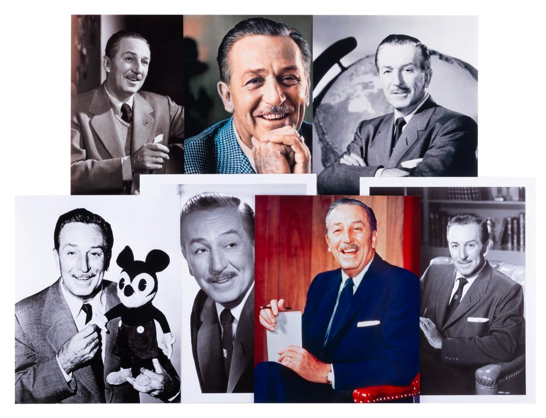 A Walt Disney Photo Portrait Collection.: (1990s-2000s) A collection of seven portrait prints of Walt Disney originally taken between the 1940s thru the 1960s. Ranging in size from 8" x 10" to 8.5" x 11", the photos are in very good to fine