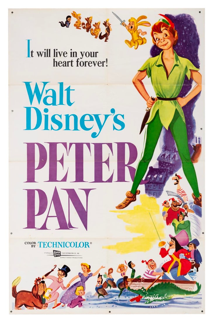 A "Peter Pan?? Re-Release One-Sheet.: (Disney, 1958) A one-sheet from the 1958 theatrical re-release of "Peter Pan.” Measuring 27” x 41” the poster is in good condition with discoloration, creasing, soiling, edge wear, a