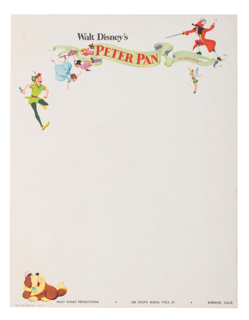 A Sheet of Disney Studio "Peter Pan" Letterhead.: (Disney, 1953) A page of Walt Disney Productions stationery from the production of "Peter Pan.” These were created and used only for correspondence during the production of the film. Measuring