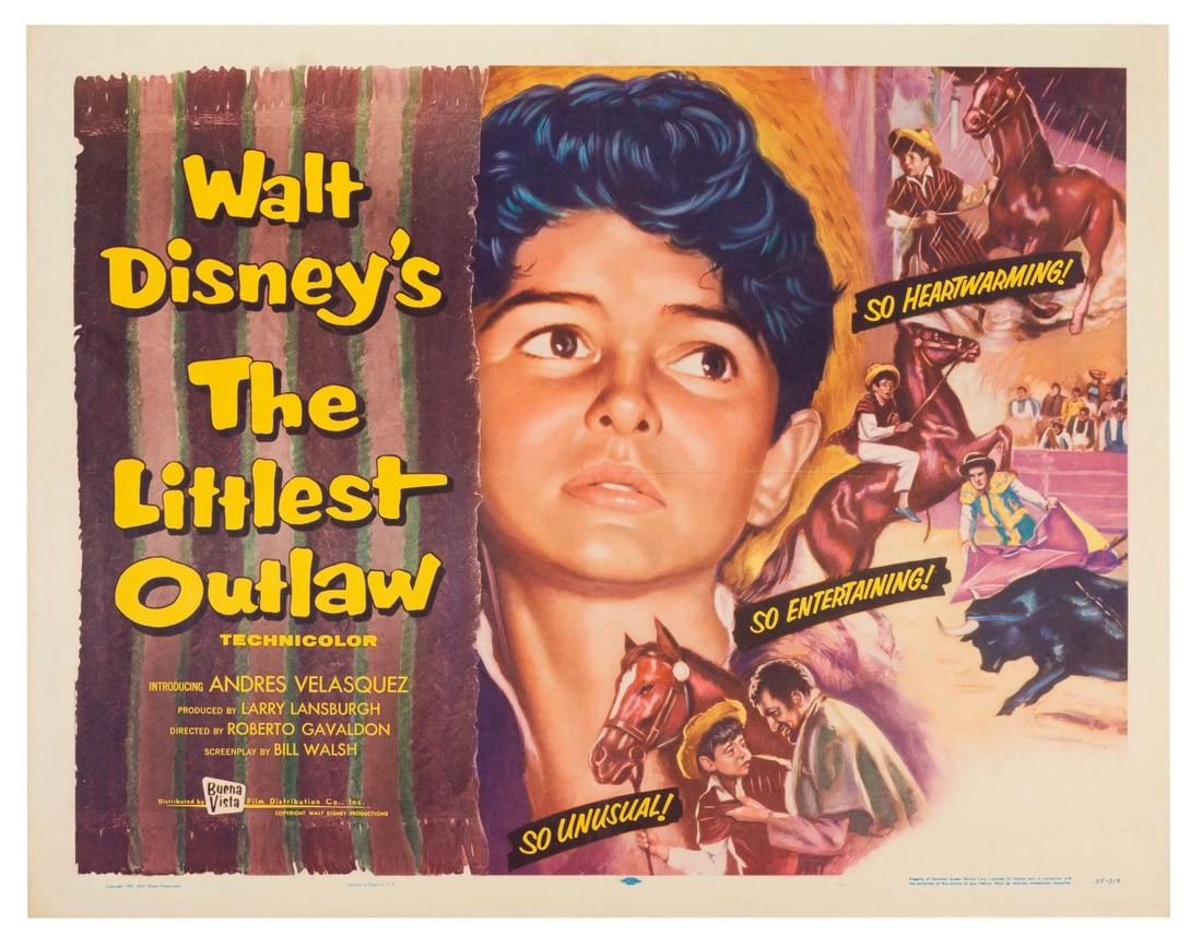 A "The Littlest Outlaw" Half-Sheet.: (Disney, 1955) A half-sheet for Walt Disney's "The Littlest Outlaw" starring Andres Velasquez. Measuring 22" x 28", the poster is in good condition with original folds, discoloration, and creasing thr