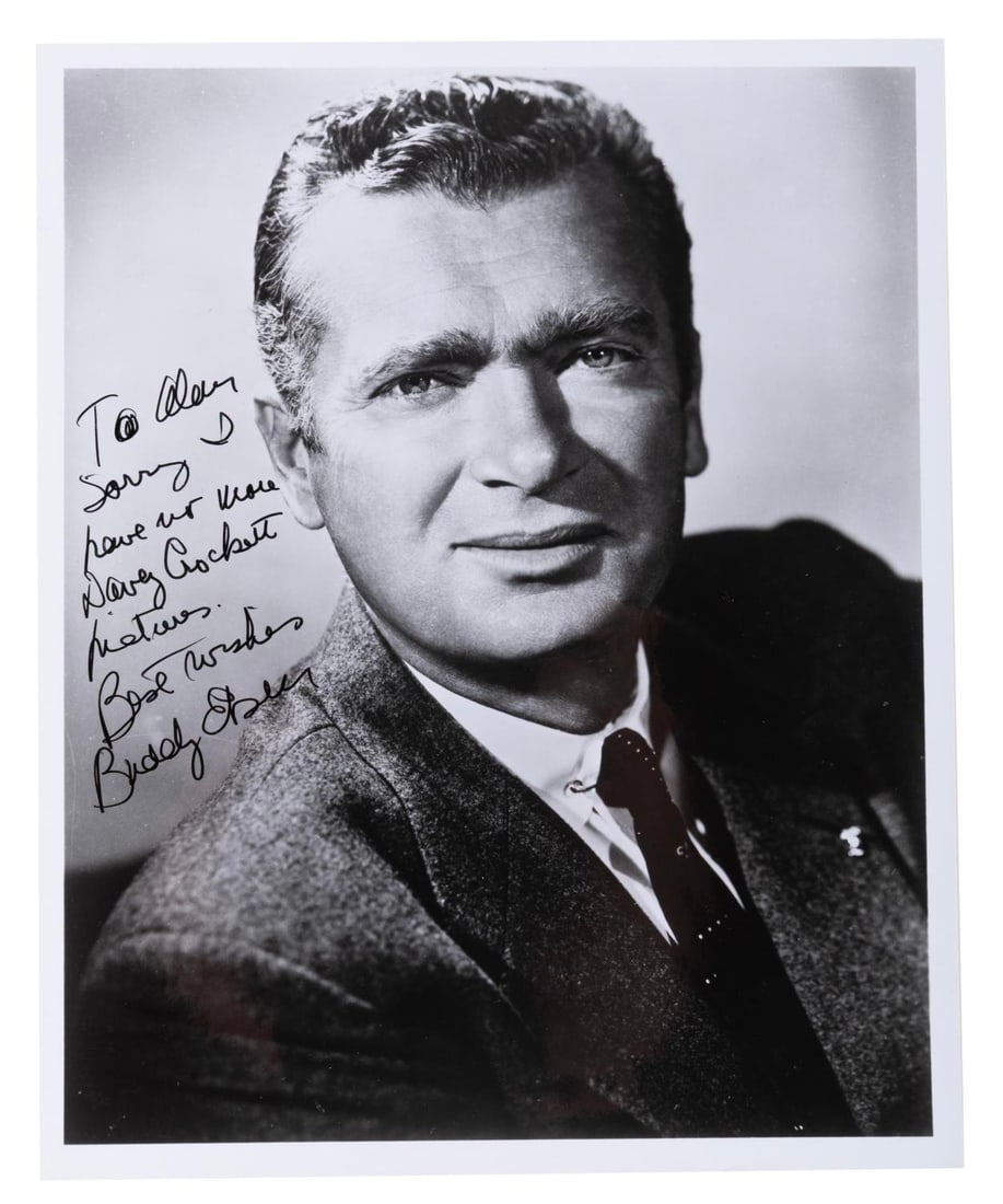 A Buddy Ebsen Signed Photo.: (Ebsen, 1980s) A photo of Buddy Ebsen signed with dedication and a personal note. Ebsen is known for playing opposite Fess Parker in Disney's "Davey Crockett" and Jed Clampett in "The Beverly Hillbill
