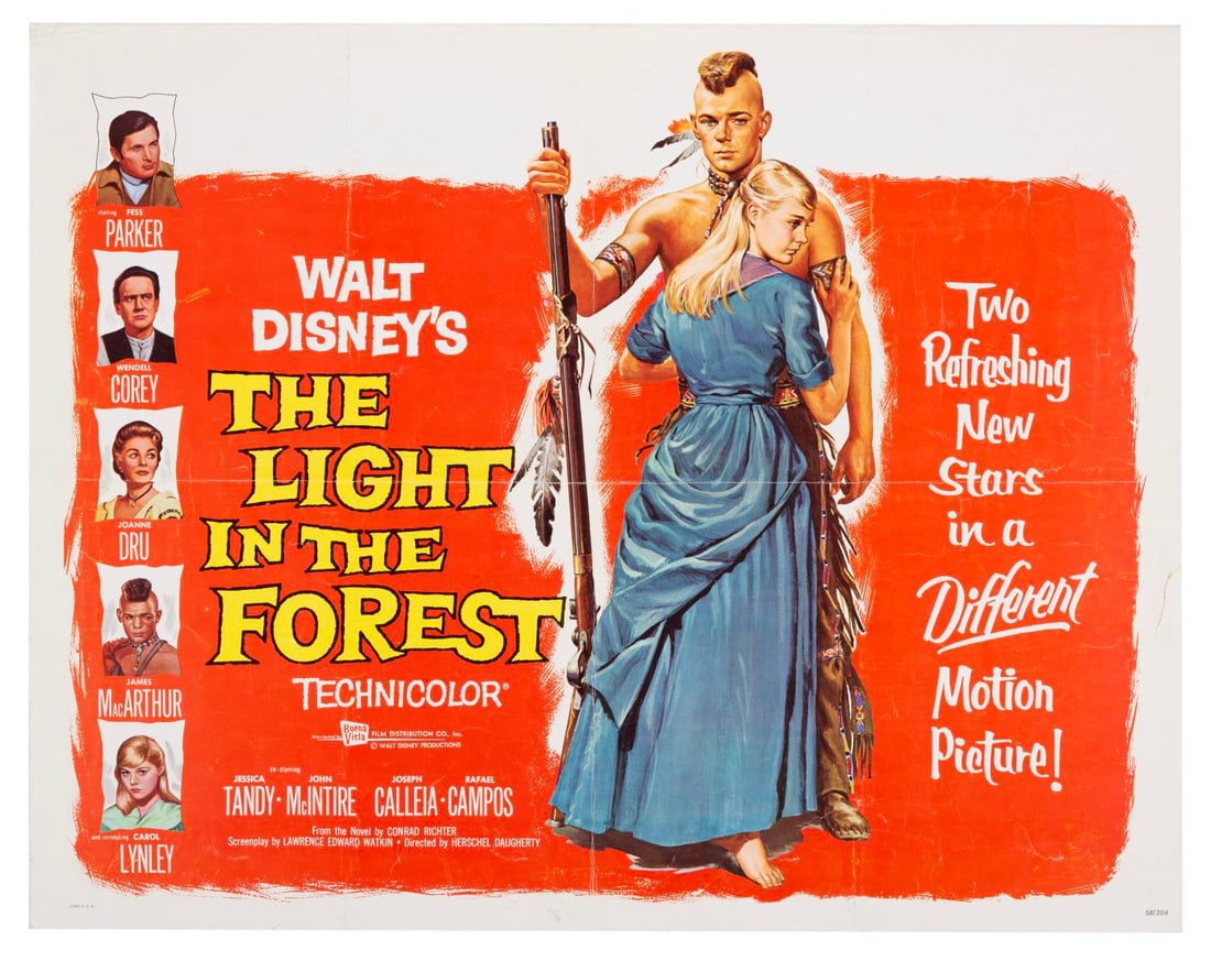 A "The Light in the Forest" Half-Sheet.: (Disney, 1958) A half-sheet for Walt Disney's "The Light in the Forest" starring Fess Parker, Joanne Dru, James MacArthur, and Jessica Tandy. Measuring 22" x 28", the poster is in good condition with
