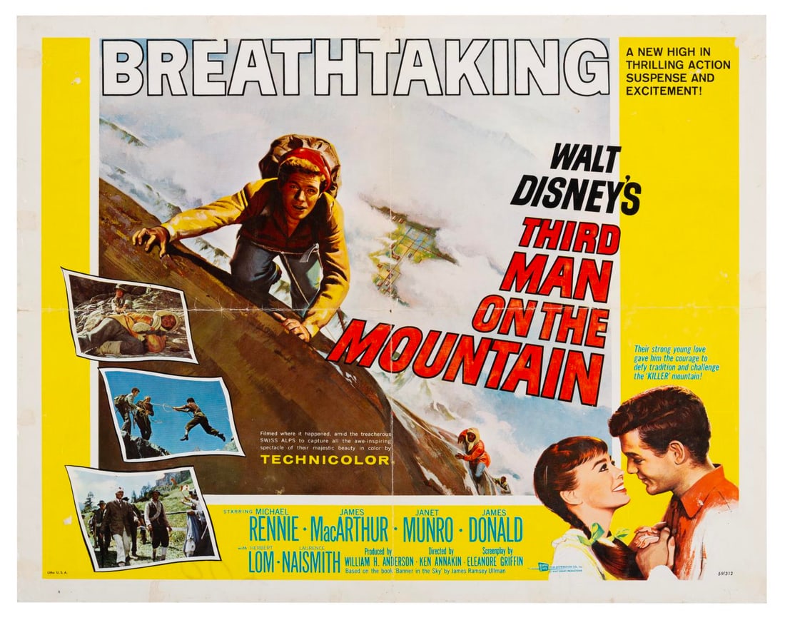 A "Third Man on the Mountain" Half-Sheet.: (Disney, 1959) A half-sheet for “Third Man on the Mountain” starring Michael Rennie, James MacArthur, Janet Munro, and James Donald. Measuring 20" x 28", the poster is in fair to good