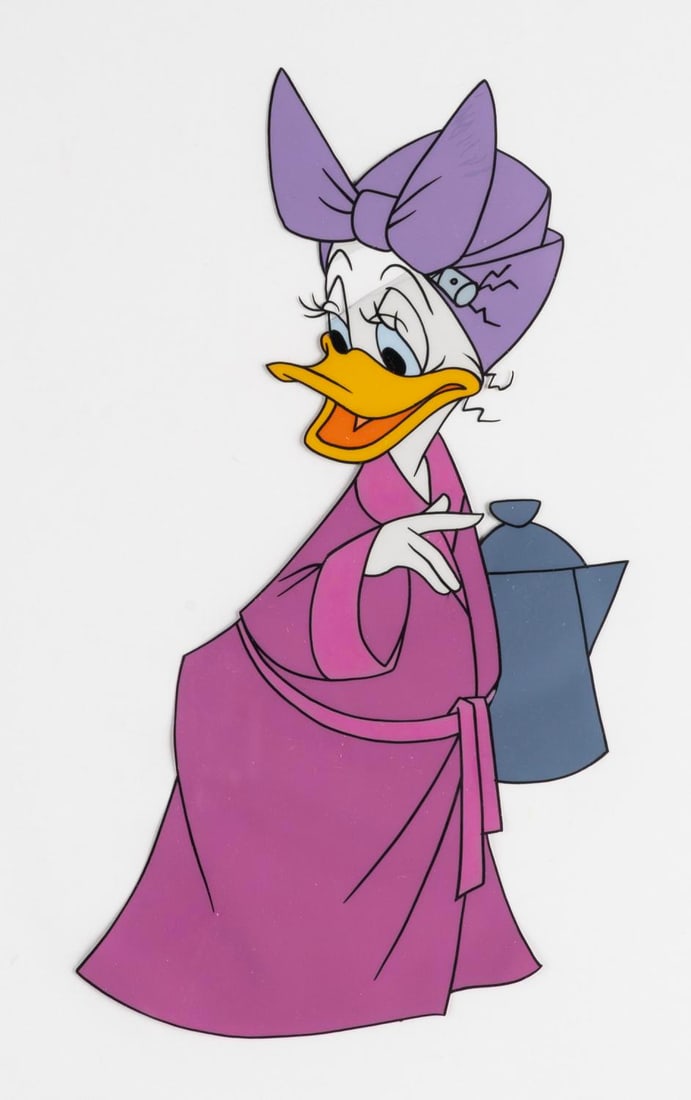 A Daisy Duck "How to Have an Accident at Work" Production Cel.: (Disney, 1959) An original hand-painted production cel of Daisy Duck from “How to Have an Accident at Work.” With a character image size of 6” x 0.5”, the cel has been trimmed to