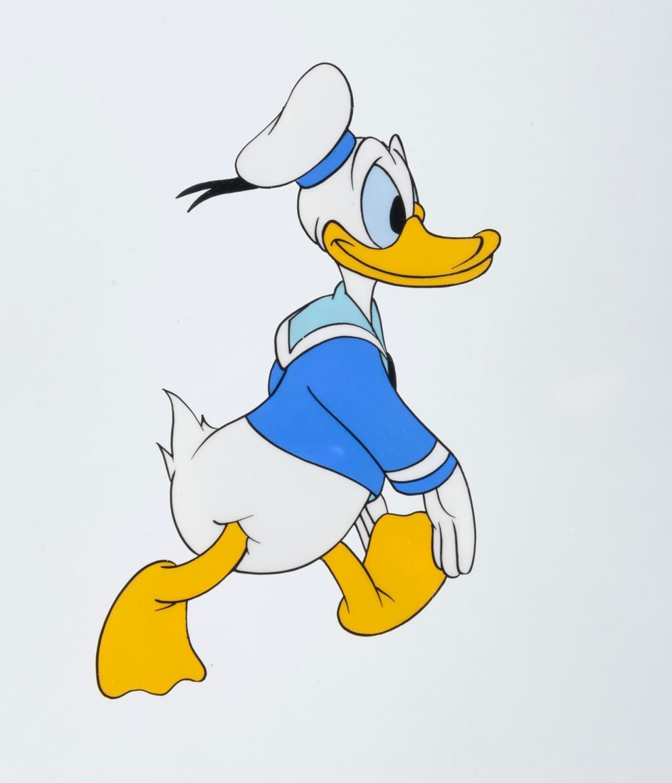 A 1950s Donald Duck Production Cel.: (Disney, 1950s) An original hand-painted production cel of Donald Duck from an unknown production. Measuring 12” x 14” with a character image size of 4.25” x 2.5”, the cel is