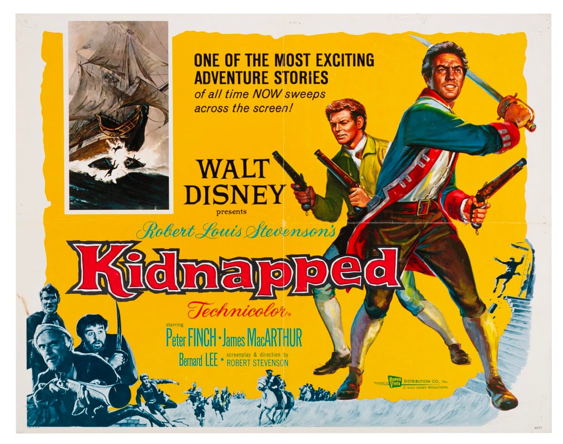A "Kidnapped" Half-Sheet.: (Disney, 1960) A half-sheet for Walt Disney's "Kidnapped," starring Peter Finch and James MacArthur. Measuring 20" x 28", the poster is in good condition with original folds, staple holes, soiling, li