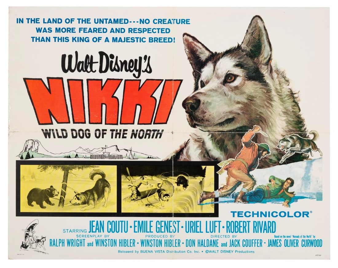 A "Nikki, Wild Dog of the North" Half-Sheet.: (Disney, 1961) A half-sheet for Walt Disney’s “Nikki, Wild Dog of the North.” Measuring 22" x 28", the poster is in good condition with original folds, creasing, and moderate wear along