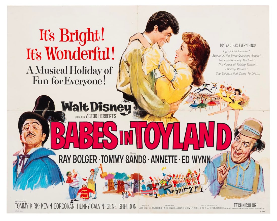A "Babes in Toyland" Half-Sheet.: (Disney, 1961) A half-sheet for the theatrical release of Walt Disney’s “Babes in Toyland,” starring Ray Bolger, Tommy Sands, Annette, and Ed Wynn. Measuring 22" x 28", the poster is in