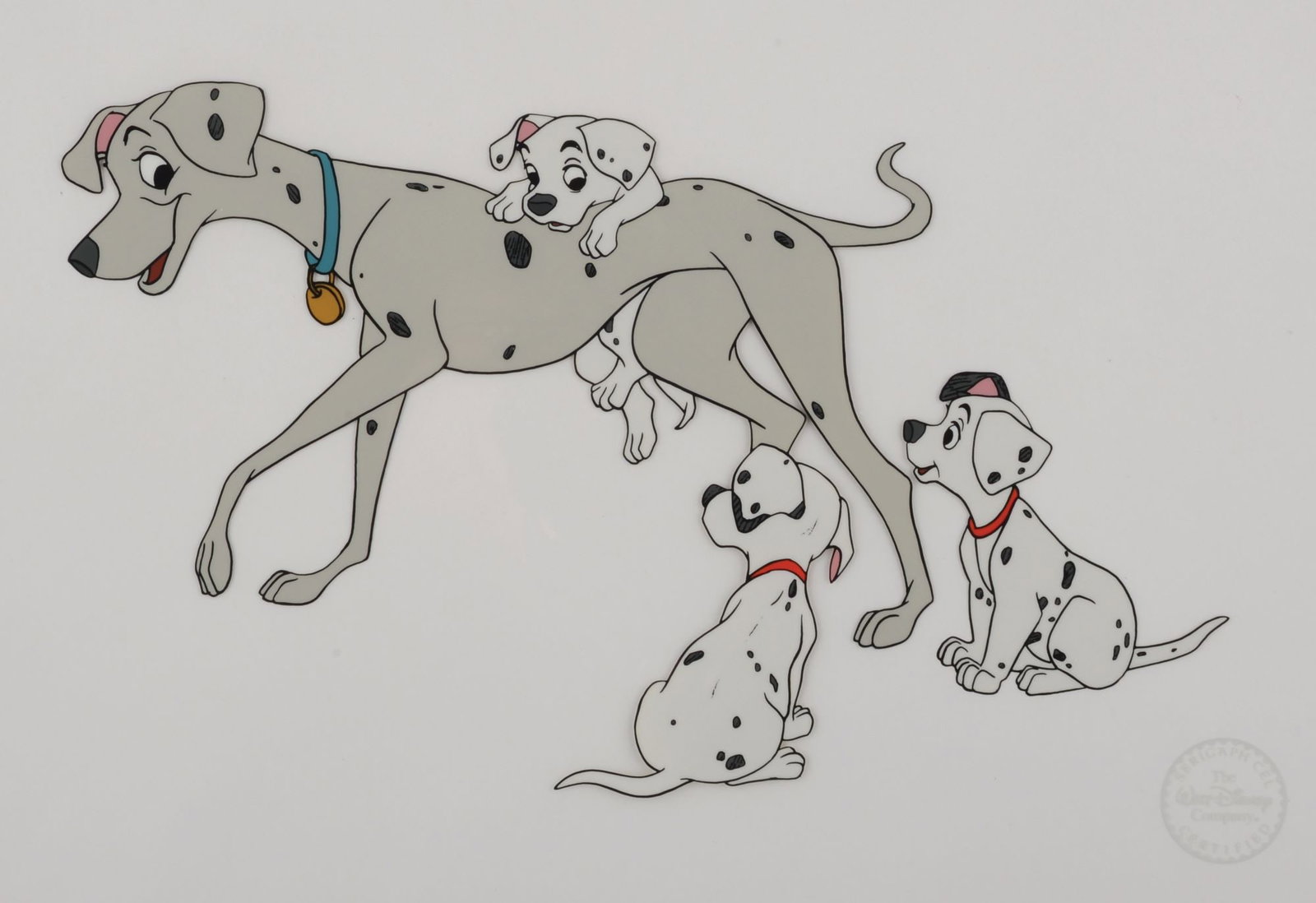 A "101 Dalmatians" Perdita and Puppies Sericel.: (Disney, 1990s) A limited edition sericel inspired by the Walt Disney Studios 1961 animated film “One Hundred and One Dalmatians.” Featuring Perdita with three of her puppies, the piece is a r