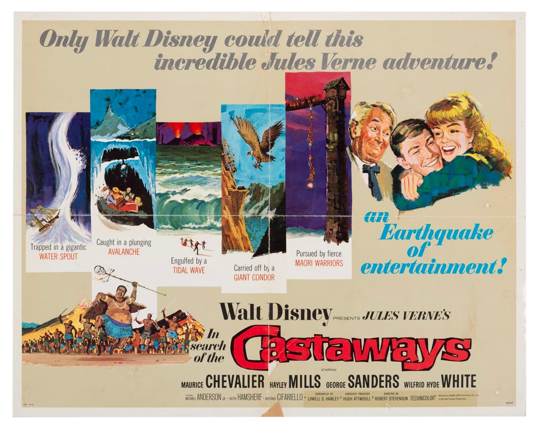 An "In Search of the Castaways" Half-Sheet.: (Disney, 1962) A half-sheet for Jules Verne's "In Search of the Castaways," starring Maurice Chevalier, Hayley Mills, and George Sanders. Measuring 20" x 28", the poster is in fair to good condition w