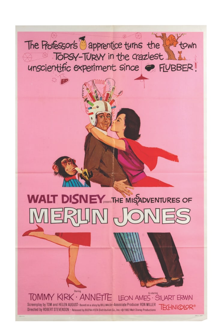 A “The Misadventures of Merlin Jones?? One Sheet.: (Disney, 1964) An original release one-sheet for Walt Disney's "The Misadventures of Merlin Jones" starring Tommy Kirk and Annette Funicello. Measuring 27" x 41", the poster is in very good condition,