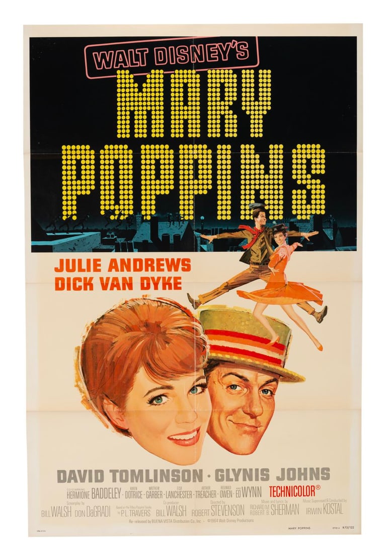 A "Mary Poppins" Style A One-Sheet.: (Disney, 1964) An original release "Mary Poppins" Style A one-sheet. Measuring 27" x 41", the poster is in good condition with heavy discoloration, creasing, edge wear, and a scratch with a hole