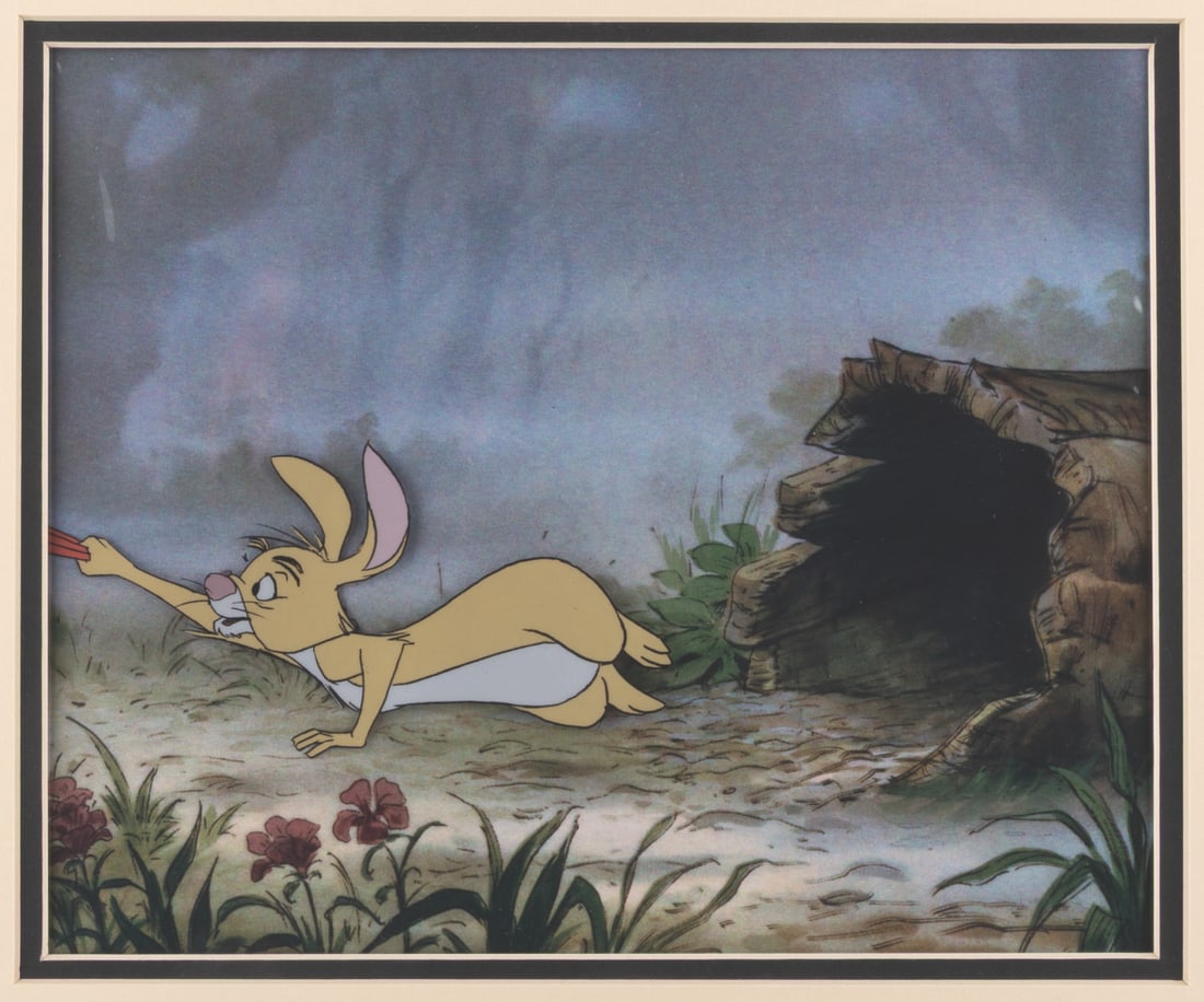 A "The Many Adventures of Winnie the Pooh " Original Production Cel.: (Disney, 1977) An original production cel of Rabbit from "The Many Adventures of Winnie the Pooh, " with a color copy background. Rabbit has an image size of