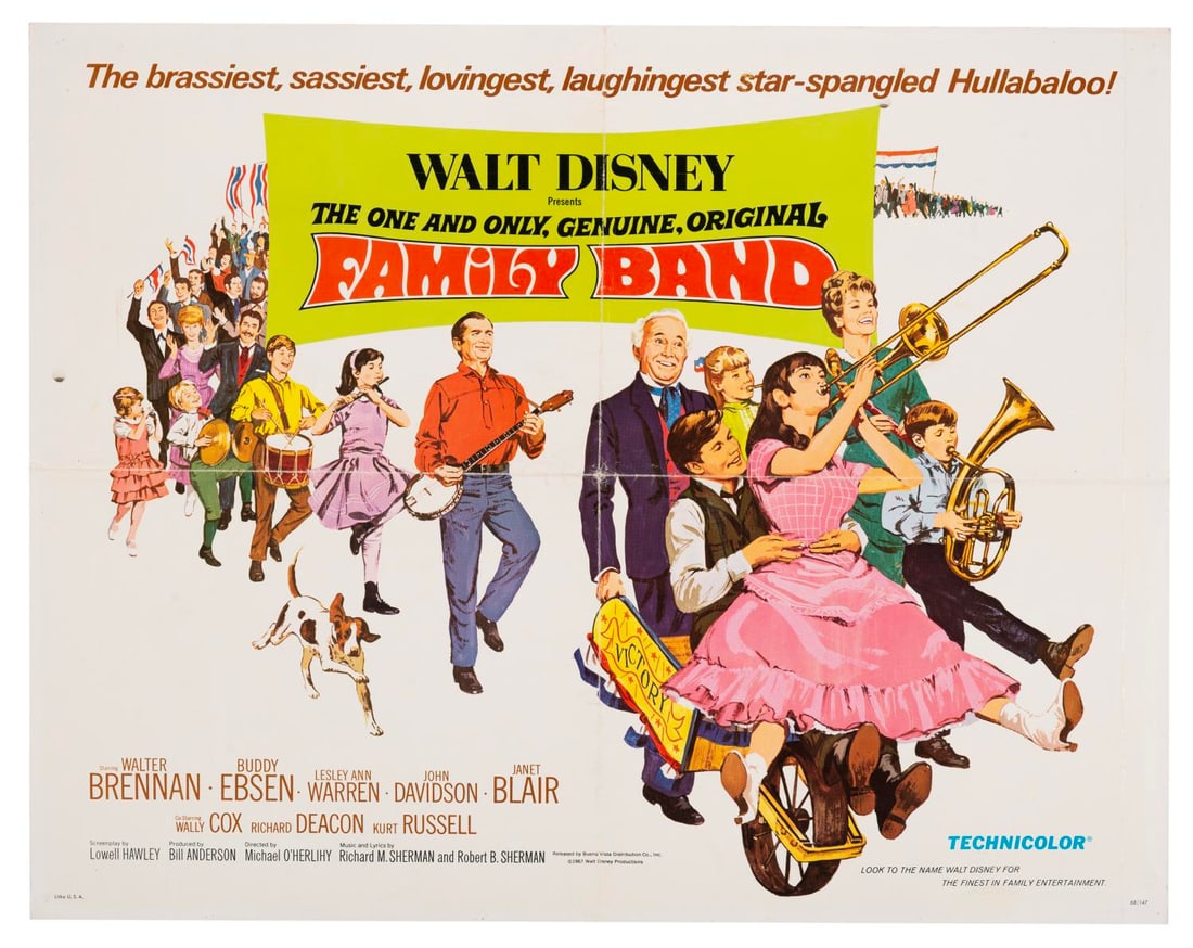 A "The Family Band" Half-Sheet.: (Disney, 1968) A half-sheet for “The Family Band,” starring Walter Brennan, Buddy Ebsen, Lesley Ann Warren, and Kurt Russell. Measuring 22" x 28", the poster is in good condition with original