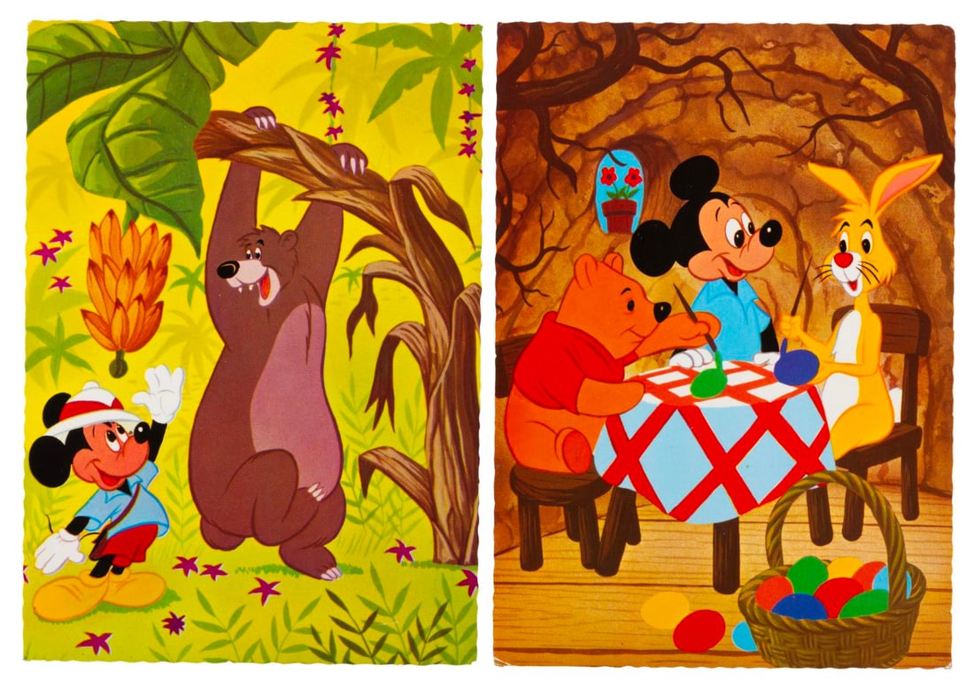 A Pair of Mickey with Pooh and “The Jungle Book?? Postcards.: (Disney, 1960s-70s) A pair of West German postcards, one featuring Mickey Mouse with Pooh and Rabbit, and the other Mickey with Baloo from "The Jungle Book." Measuring 4.25" x 5.75", the cards are in
