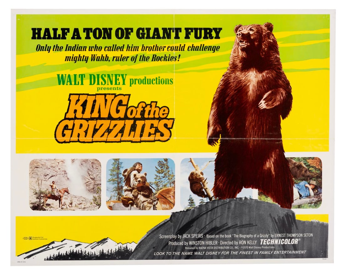 A "King of the Grizzlies" Half-Sheet.: (Disney, 1970) A half-sheet for "King of the Grizzlies” based on the book The Biography of a Grizzly by Ernest Thompson Seton. Measuring 22" x 28", the poster is in very good condition with orig