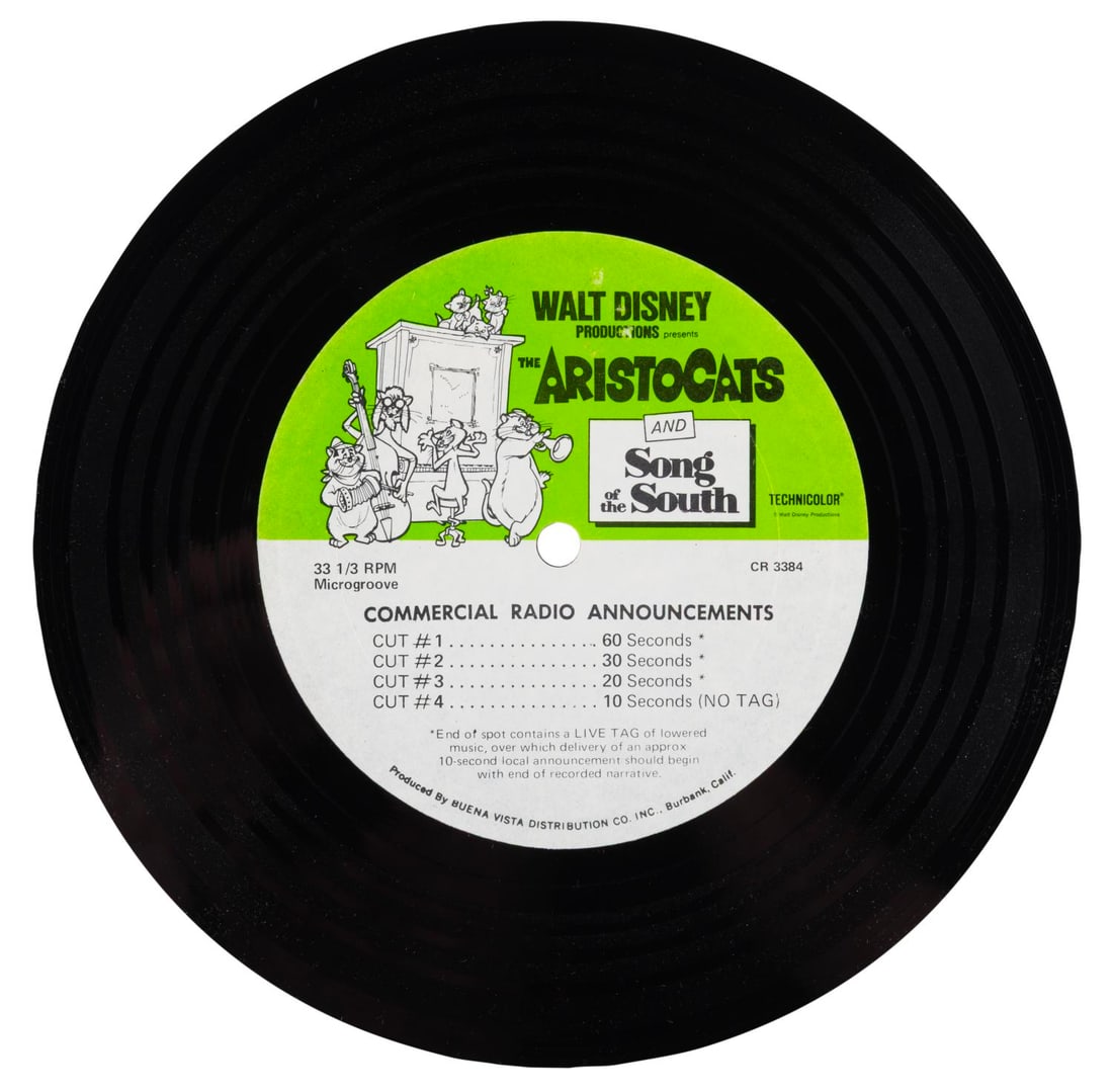 A "The Aristocats" and "Song of the South" Radio Spots Record.: (Disney, 1973) A 33 ? RPM record containing four commerical radio announcements for the double-bill release of "The Aristocats" with a re-release of "Song of the South." Measuring 7" in diameter, the 