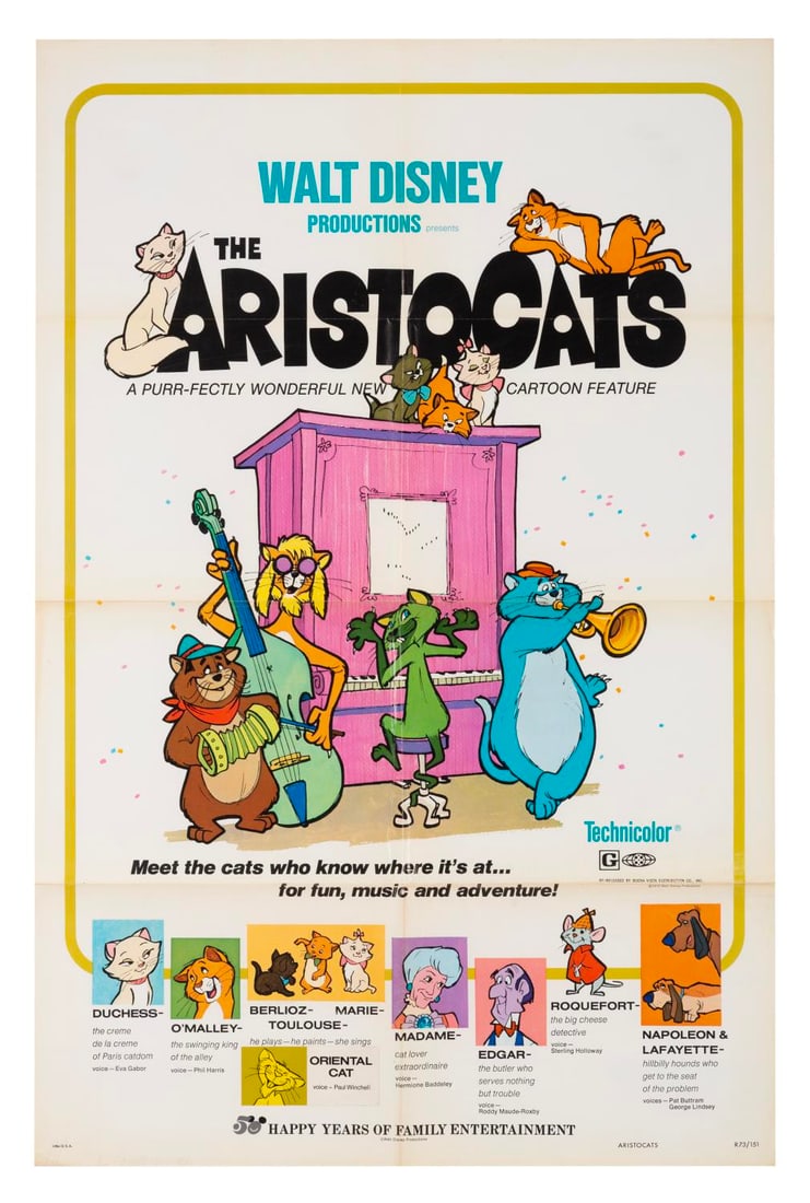 A Rare Re-Release One-Sheet for "The Aristocats.": (Disney, 1973) A one-sheet for the 1973 re-release of "The Aristocats,” featuring an "Oriental Cat, Voice - Paul Winchell” sticker not common to these posters. Measuring 27” x 41&rdq
