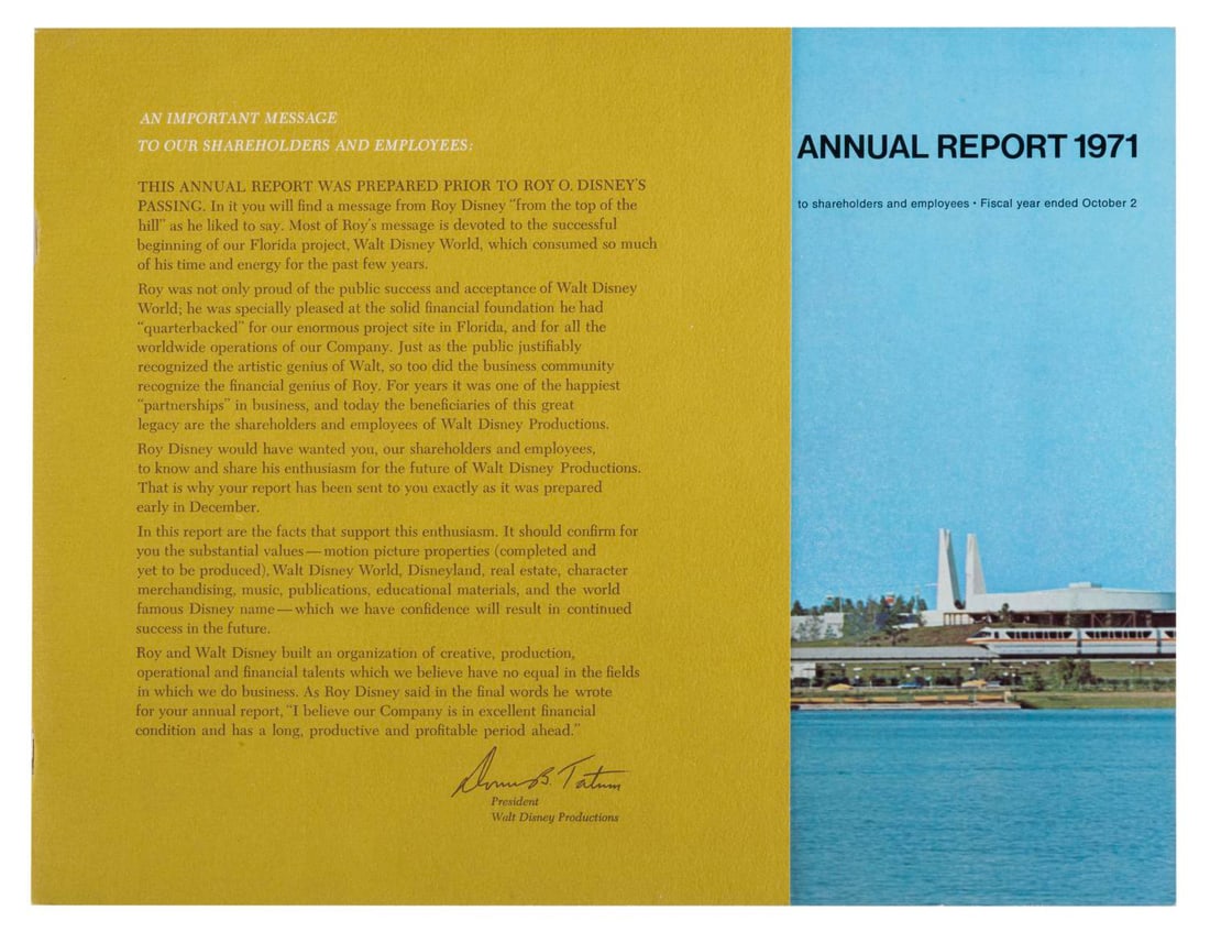 A 1971 Walt Disney Productions Annual Report.: (Disney, 1971) A Walt Disney Productions Annual Report for 1971. The report provides a synopsis of Disney on Parade, Mineral King, and the Buena Vista Land Company, along with financial statements and
