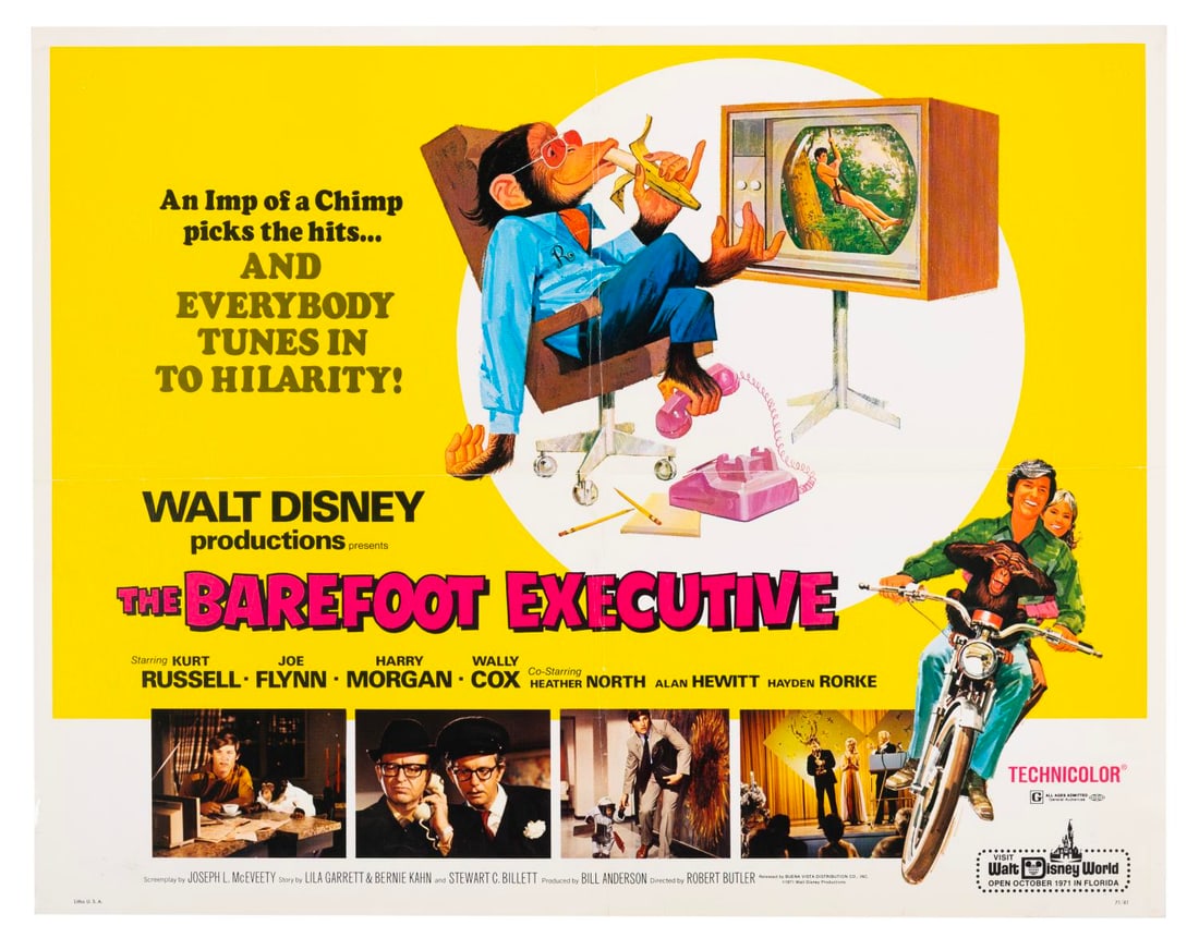 A "The Barefoot Executive" Half-Sheet.: (Disney, 1971) A half-sheet poster for "The Barefoot Executive," starring Kurt Russell and Joe Flynn. Measuring 22" x 28", the poster is in good condition with staple holes in the corners, original fo