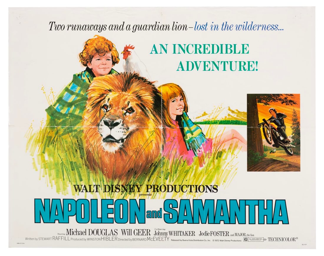 A "Napoleon and Samantha" Half-Sheet.: (Disney, 1972) A half-sheet for "Napoleon and Samantha" starring Jodie Foster, Johnny Whitaker, and Michael Douglas. Measuring 22" x 28", the poster is in good condition with original folds, staple ho