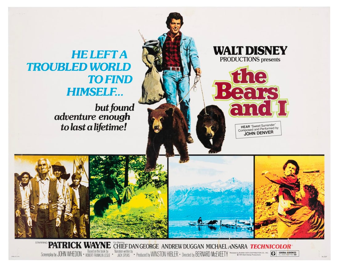 A “The Bears and I?? Half-Sheet.: (Disney, 1974) A half-sheet for “The Bears and I,” starring Patrick Wayne, Chief Dan George, Andrew Duggan, and Michael Ansara. Measuring 22" x 28", the poster is in good condition with staple