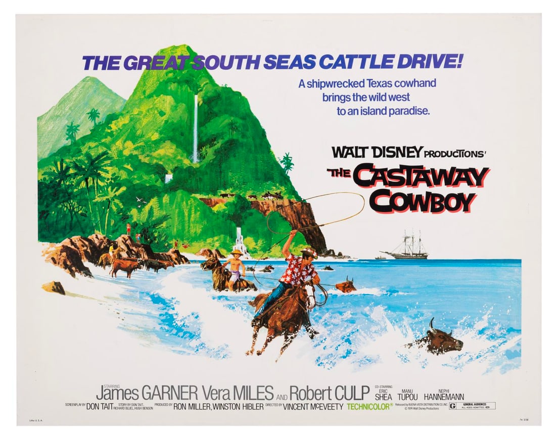 A "The Castaway Cowboy" Half-Sheet.: (Disney, 1974) A half-sheet for "The Castaway Cowboy," starring James Garner, Vera Miles, and Robert Culp. Measuring 20" x 28", the poster is in very good condition with light creasing and staple hole