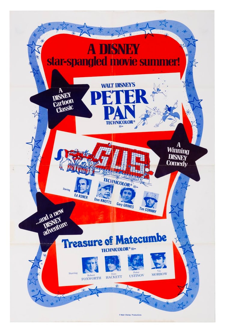 A Summer ‘76 “Peter Pan," "Gus," and "Treasure of Matecumbe" One-Sheet.: (Disney, 1976) A one-sheet for the Summer 1976 releases of "Peter Pan," "Gus," and "Treasure of Matecumbe." Measuring 27" x 41" the poster is in good condition with fold lines, discoloration, creases,