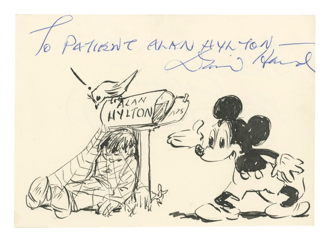 A Mickey Mouse Drawing by Disney Legend David Hand.: (Disney, 1980) A drawing of Mickey Mouse by Disney Legend David Hand. Hired in 1930 as the 21st animator to join The Walt Disney Studios, Hand worked on numerous classic shorts from the 1930s and serv