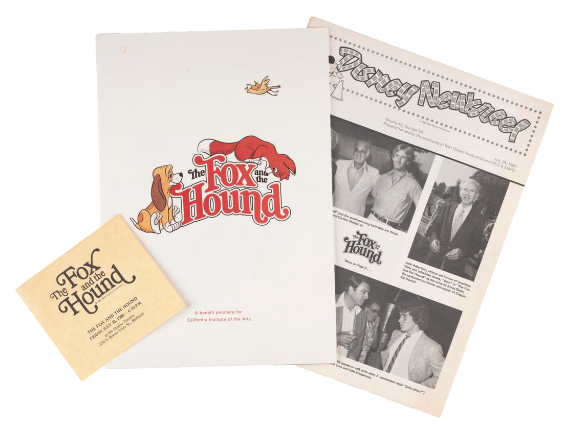 "The Fox and the Hound" Premiere Memorabilia.: (Disney, 1980-81) Three “The Fox and the Hound” theatrical release souvenirs, including a 1981 issue of Disney Newsreel highlighting the film, a program for the benefit premiere for the Califo