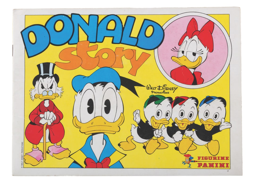 A Complete Donald Duck Panini Sticker Book.: (Panini, 1983) A Panini Donald Duck Story book containing the complete set of several hundred stickers that tell Donald Duck’s life story in Dutch. Measuring 8.5” x 11.75”, the book is