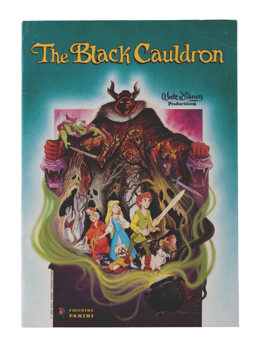 A Complete The Black Cauldron Panini Sticker Book.: (Panini, 1985) A Panini sticker book, filled with all 360 stickers to tell the story of Disney's "The Black Cauldron." Measuring 9.5” x 13.5”, the sticker book is in very good condition