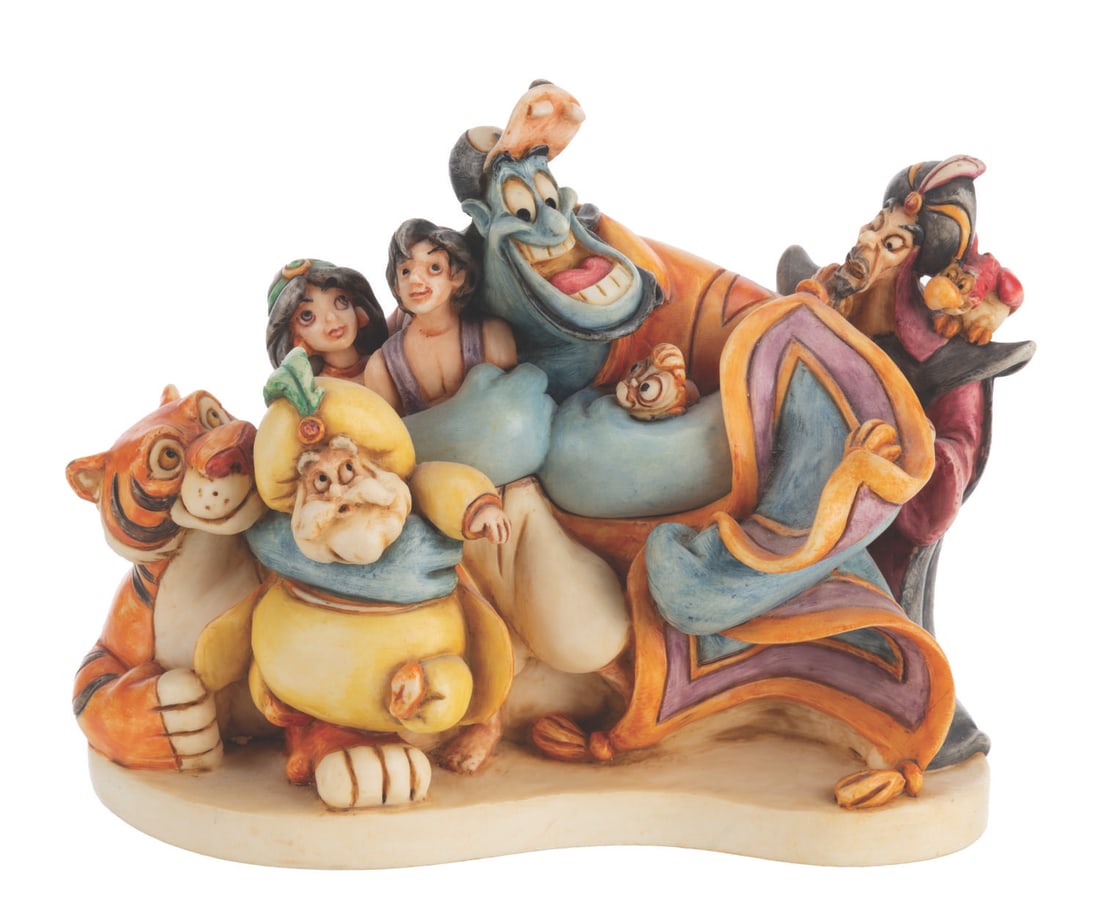 A Harmony Kingdom "Aladdin" Limited Edition Trinket Box.: (Harmony Kingdom, 2002) A large trinket box by artist Robert King titled “Group Hug,” inspired by “Aladdin.” Released exclusively at the 2002 Disneyana Convention, the limited edition
