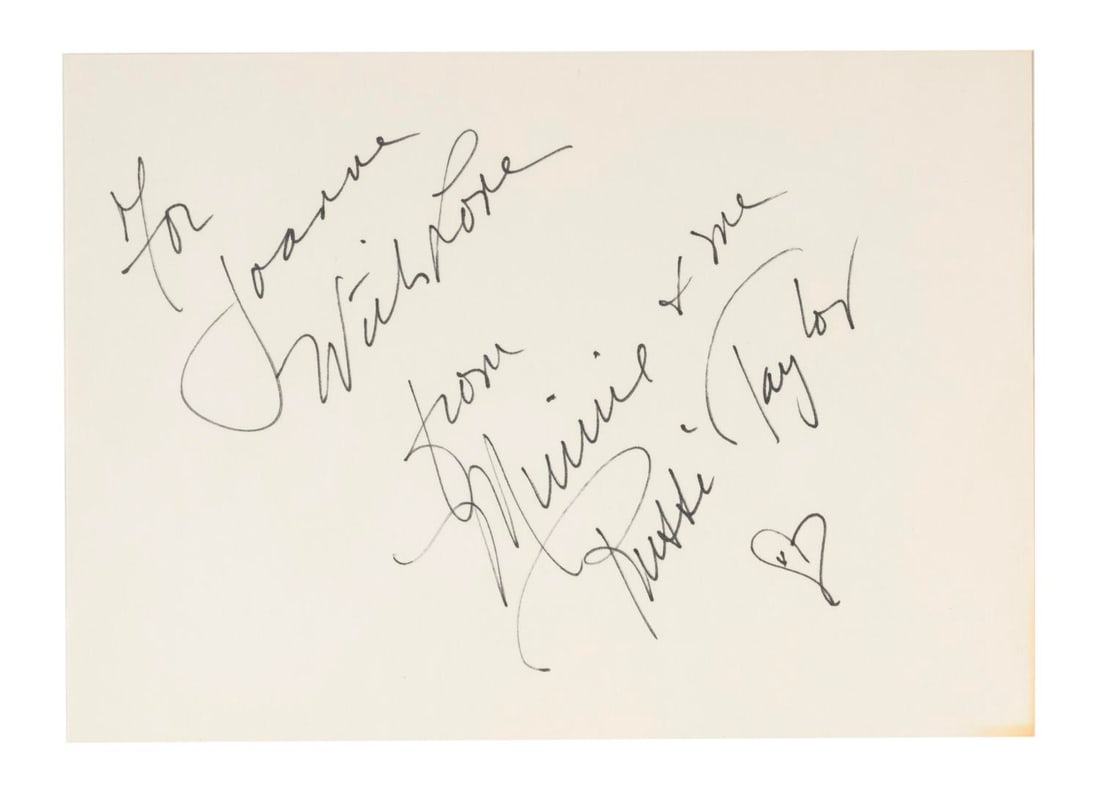 A Russi Taylor Voice of Minnie Mouse Autograph.: (Disney, 1995) A card signed by Russi Taylor, the voice of Minnie Mouse, at the 1995 Disneyana Convention. Russi also performed Huey, Dewey, Louie, and Webegail in the original “DuckTales” TV 