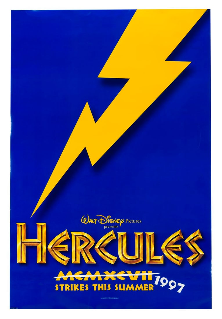 A “Hercules?? Teaser One-Sheet.: (Disney, 1997) A blue teaser poster for the original theatrical release of “Hercules,” with Roman numerals cheekily crossed out and replaced by 1997. This poster was released in four different