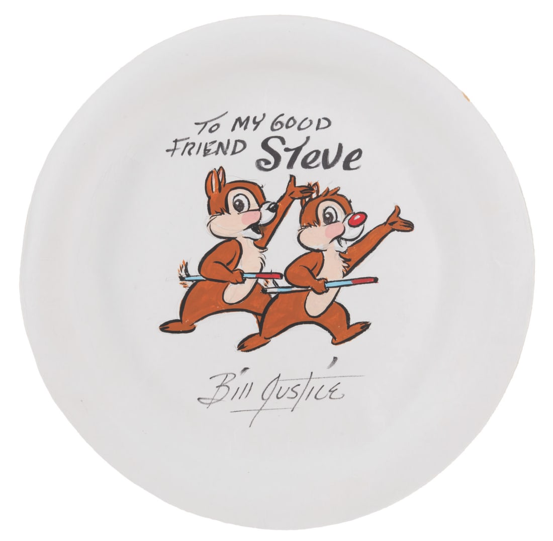 A Bill Justice Chip ‘n Dale Drawing on a Paper Plate.: (Disney, 1990s) A drawing of Chip ‘n Dale by Disney Legend and animator Bill Justice, uniquely accomplished in mixed media on a paper plate, and boldly signed with a dedication. Measuring 10" in