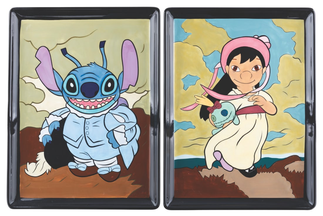 A Pair of "Lilo & Stitch" Charger Plates.: (Disney, 2004) A pair of “Lilo & Stitch” charger plates featuring the characters imagined as Thomas Gainsborough's paintings, "Blue Boy" and "Pinkie." The plates were released in a limited edi