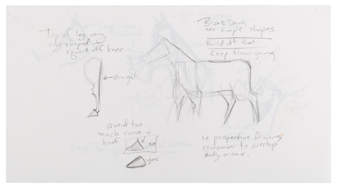 A Pair of "Home on the Range" Concept Drawings.: (Disney, 2004) A pair of concept model drawings of Buck the horse from "Home on the Range." The pencil drawings measure 4.5" x 7.5" to 4.5" x 8.75" on 5.5" x 10" paper and are in very good,