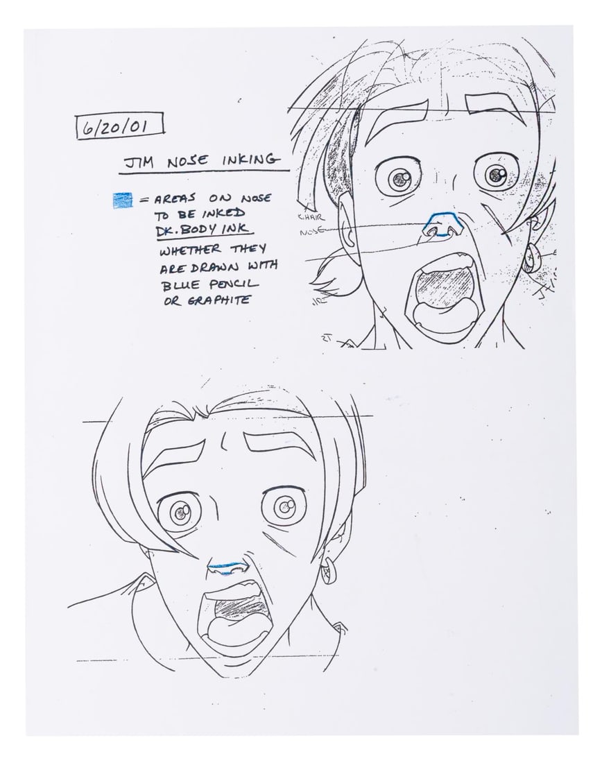 A "Treasure Planet" Production Used Color Guide Copy.: (Disney, 2002) A “Treasure Planet” production used xerox detailing instructions for digitally inking Jim Hawkins’ nose. Even in the digital age, xeroxes like these were distributed to animat