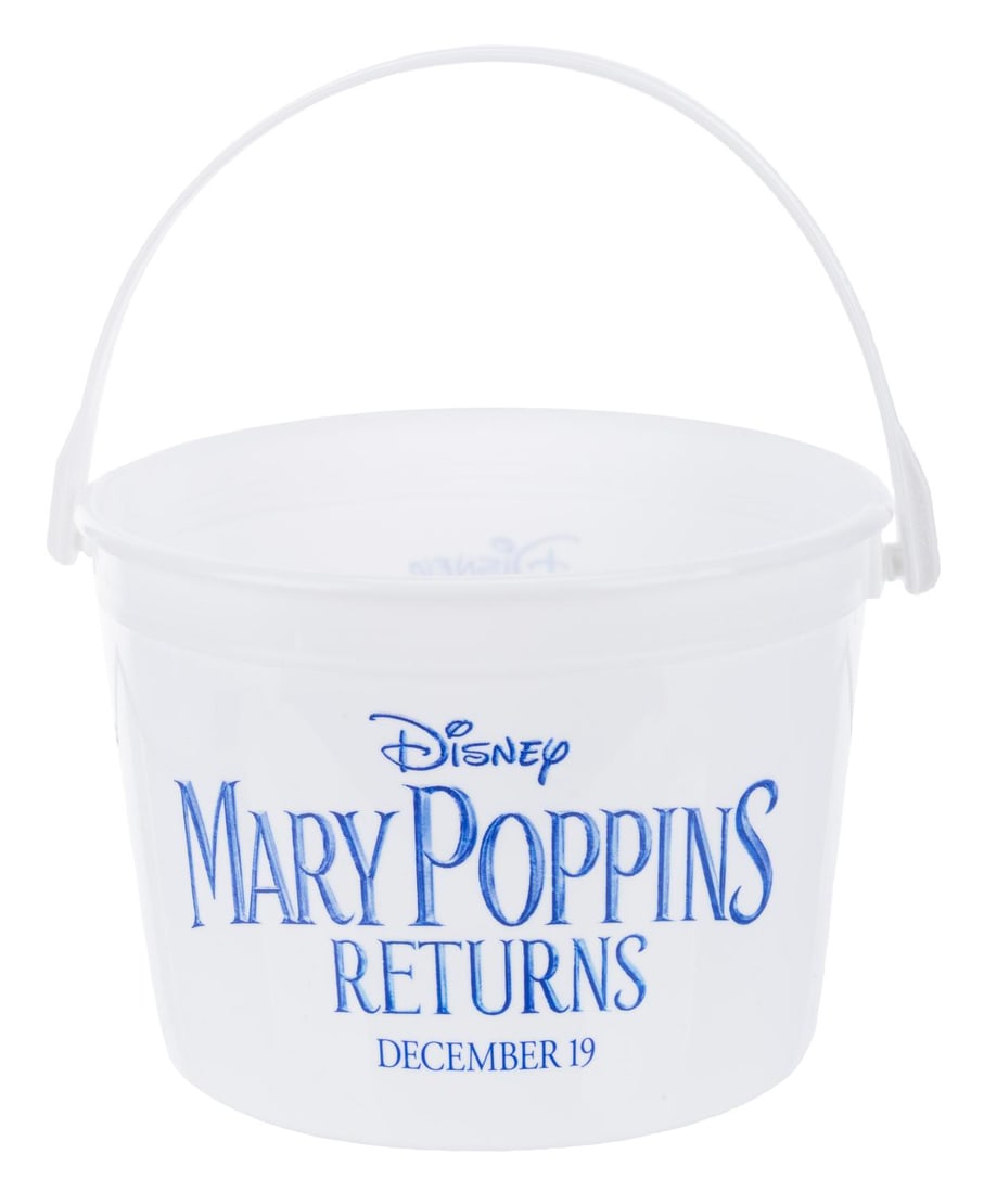 A “Mary Poppins Returns?? Popcorn Bucket.: (Disney, 2018) A popcorn bucket from the theatrical release of “Mary Poppins Returns.” Measuring 4.75” tall and 6.5” in diameter, the plastic popcorn bucket is in very good