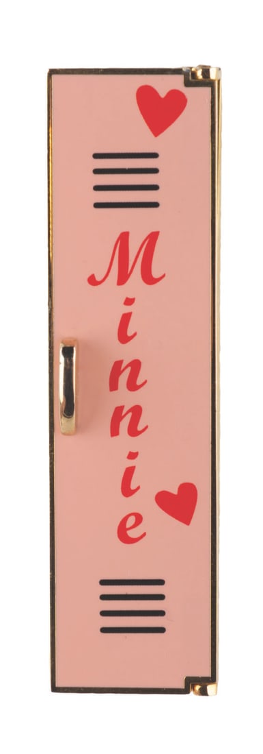 A Cast Exclusive Minnie Mouse Locker Series Pin.: (Disneyland, 2002) A hinged pin of Minnie Mouse's locker, released in a limited edition of 3000 exclusively to Disneyland Cast Members. Measuring 0.75" x 3", the pin is in very good condition.