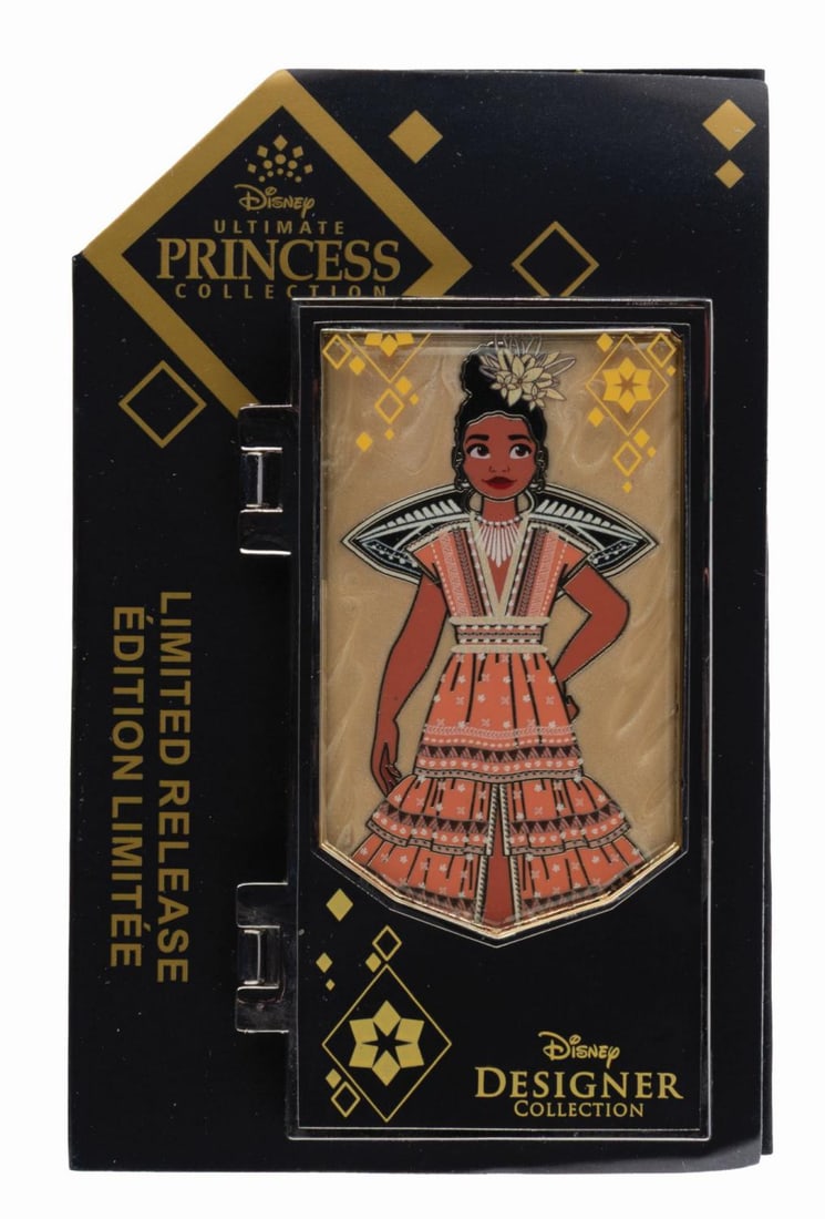 A Disney Designer Ultimate Princess Moana Pin.: (Disney, 2022) A limited release pin inspired by the Disney Ultimate Princess Moana doll. The hinged front panel opens to reveal the full Moana inside, and the card highlights designer Nontra Null. Me