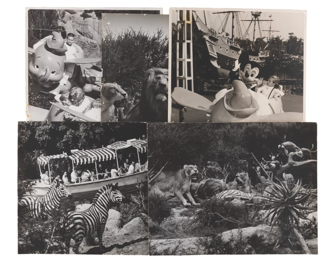 Oversized Prints of the Jungle Cruise and Dumbo.: (Disneyland, 1960s-70s) A set of five oversized prints of Disneyland. Three show details of the Jungle Cruise, and two show children on the Dumbo the Flying Elephant attraction, one with Mickey. Each 