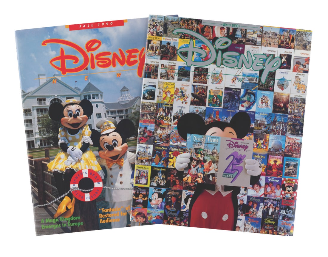 A Pair of Disney News Magazines.: (Disney, 1990) Fall and Winter 1990 issues of Disney News magazine. The magazines include articles on a restoration of “Fantasia,” the upcoming Euro Disney Park, and a retrospective on 25 year