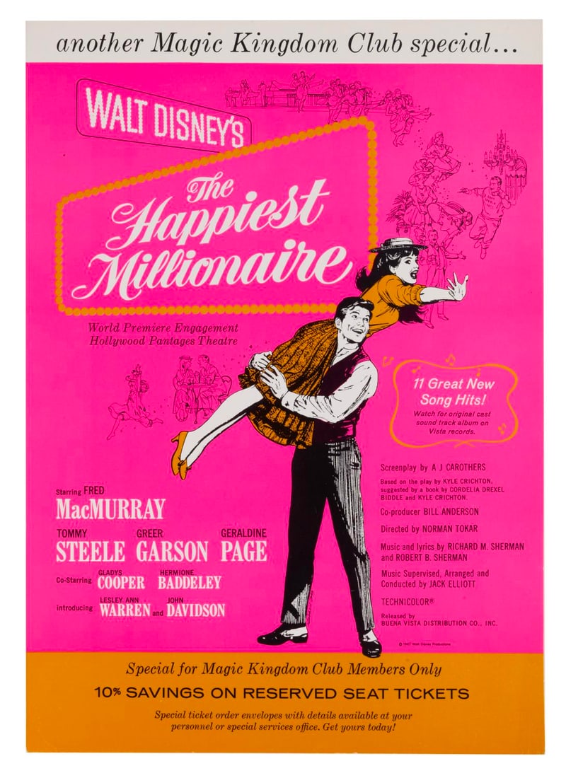 A Magic Kingdom Club "The Happiest Millionaire" Hollywood Premiere Poster.: (Disney, 1967) A mini poster inviting Magic Kingdom Club members to "The Happiest Millionaire" Hollywood premiere at the Pantages Theatre. Measuring 9" x 12.75" the poster is in very good condition wi