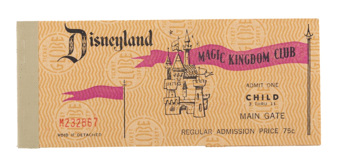A 1969 10 Adventures in Disneyland Ticket Book.: (Disneyland, 1969) A complete Child Magic Key Ticket Book. The book includes the front Main Gate ticket, a Welcome to Disneyland tab, a pass for Great Moments With Mr. Lincoln, and 10 tickets each